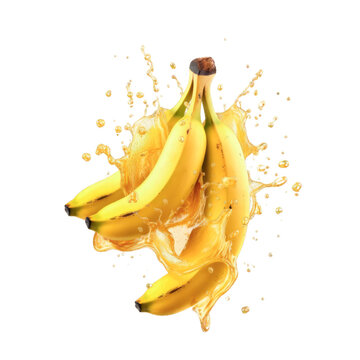 Bunch of three bananas wrapped with a large splash of juice on cutout PNG transparent background. Generative AI