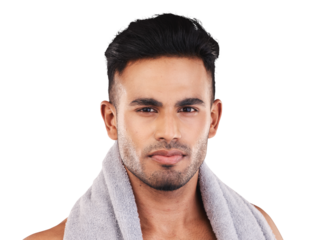 Face, serious fitness and man with towel isolated on a transparent png background. Portrait, cloth and male athlete from India ready to start workout, training or exercise for health and wellness.