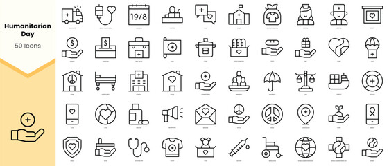 Fototapeta na wymiar Set of world humanitarian day Icons. Simple line art style icons pack. Vector illustration