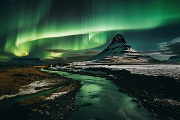 Fototapeta na wymiar mountain landscape with aurora borealis. Generative ai