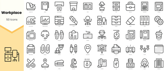Set of workplace Icons. Simple line art style icons pack. Vector illustration