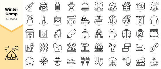 Set of winter camp Icons. Simple line art style icons pack. Vector illustration