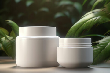 White, unbranded cosmetic cream jars with green leaves in the background. Personal care product presentation. Elegant jars, skincare, spa, beauty, 3D rendering
