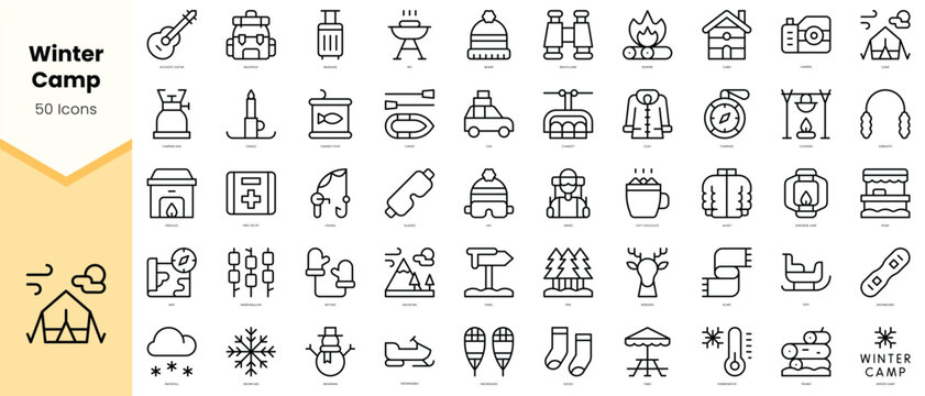 Set of winter camp Icons. Simple line art style icons pack. Vector illustration