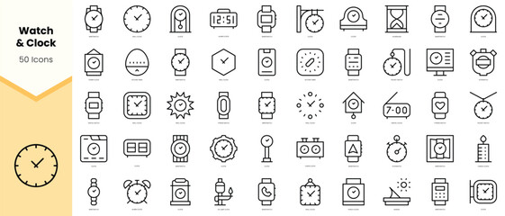 Set of watch and clock Icons. Simple line art style icons pack. Vector illustration - obrazy, fototapety, plakaty