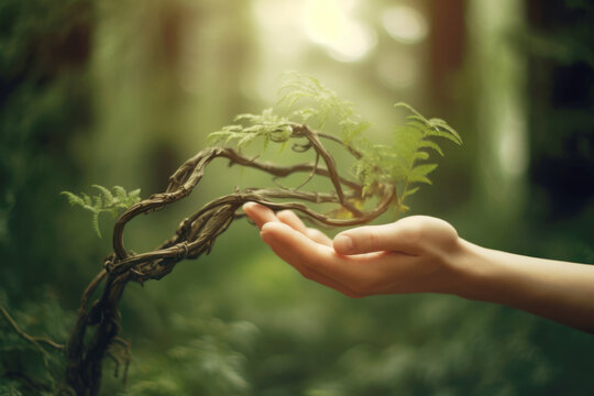 Human hand gently touching plant with green leaves. Earth day and environmental protection concept