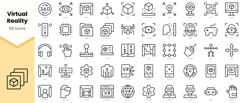 Set of virtual reality Icons. Simple line art style icons pack. Vector illustration