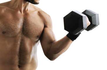 Isolated hand, dumbbell and bodybuilder man with fitness, training and transparent png background. Body builder guy, weightlifting and metal gym equipment for health, wellness and muscle development