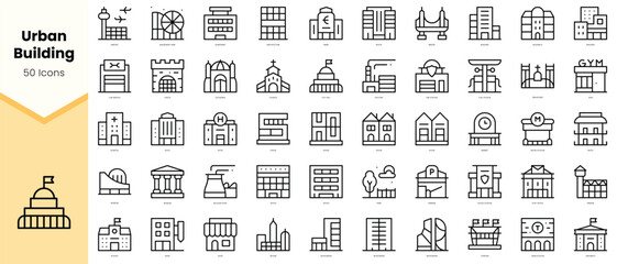 Set of urban building Icons. Simple line art style icons pack. Vector illustration