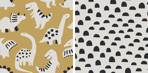 Cute dinosaur pattern set. Hand drawn dinosaurs and geometric abstract pattern. Perfect for kids fabric, textile, nursery wallpaper. Vector illustration. - 613477333