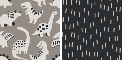 Hand drawn dinosaur pattern set. Cute dinosaurs and geometric abstract pattern. Perfect for kids fabric, textile, nursery wallpaper. Vector illustration. © mgdrachal