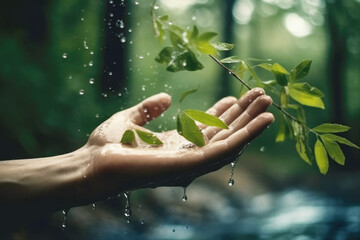 Human hand gently touching plant with green leaves. Earth day and environmental protection concept