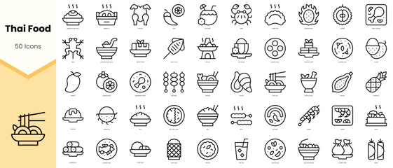 Set of thai food Icons. Simple line art style icons pack. Vector illustration