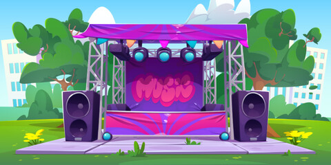 Fototapeta na wymiar Festival music concert stage outdoor public party vector illustration. Open air street performance with band on summer wedding celebration. Live musician rock entertainment activity cartoon background