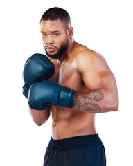 Black man, boxer with sports and exercise in portrait, martial arts and training isolated on transparent png background. Serious male athlete boxing, start fight with gloves and strong person - obrazy, fototapety, plakaty