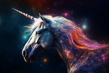 Naklejka na ściany i meble Animals, culture and religious, states of mind concept. Unicorn in colorful cosmic energy background. Generative AI