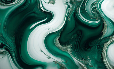Green, white and silver Colored Waves Abstract background, textured, marbles, Green Ink Liquid Modern Abstract Backdrop, Generative AI