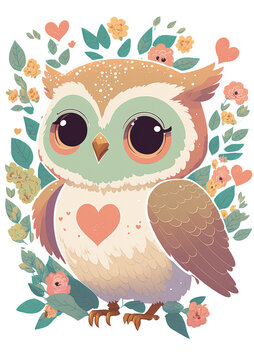 Owl with Flowers Clipart Created with Generative AI Tools