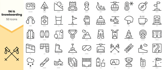 Set of ski and snowboarding Icons. Simple line art style icons pack. Vector illustration