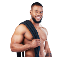 Portrait, fitness and rope training with a black man isolated on a transparent background for bodybuilding. Exercise, smile and muscular with a shirtless male athlete training his body on PNG