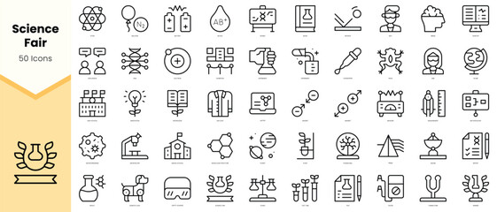 Set of science fair Icons. Simple line art style icons pack. Vector illustration