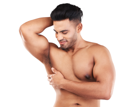 Muscular man, skincare and strong model in wellness or confidence isolated on a transparent PNG background. Happy male person in fitness for healthy body care, smooth skin or clean and fresh hygiene