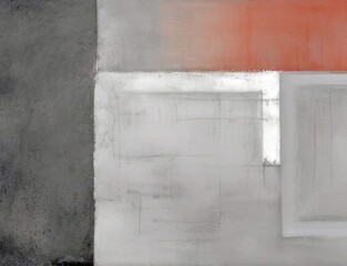 Grungy constructivism style blank abstract art background or cover template. Large block shapes in shades of weathered light grey and a band of orangy-red. 