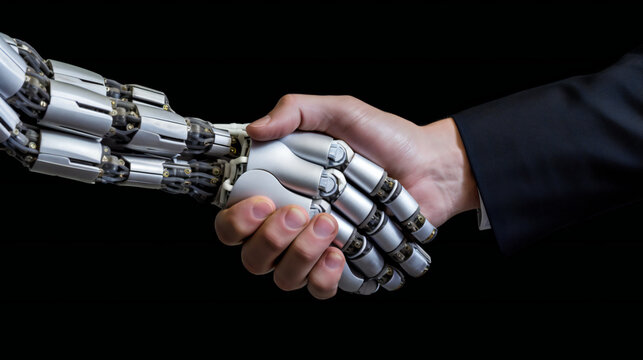 A robot hand shakes a human hand, Generative AI