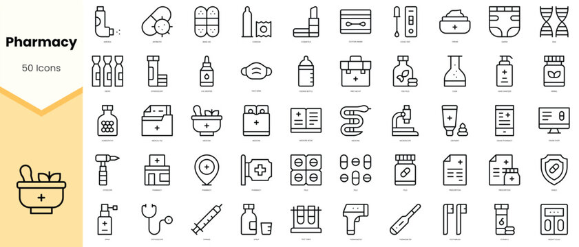 Set of pharmacy Icons. Simple line art style icons pack. Vector illustration