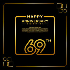 69 year anniversary celebration logo in golden color, square style, vector template illustration