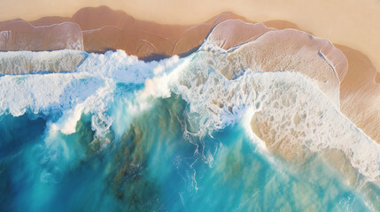 Fototapeta na wymiar Waves breaking on a beautiful sandy beach, View from the sky, Generative AI