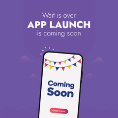 App launch announcement post for social media. Online shopping, marketplace mobile app. New mobile application Coming soon. Download the app. App launch marketing. Stay Tuned to know more. Marketing