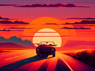 Fototapeta na wymiar Summer vibes 80s style illustration with car driving into sunset. Generative AI 2023