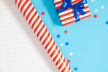 4th of July, USA Presidents Day, Independence Day. Flat lay top view of patriotic wrapping paper...