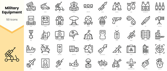 Set of military equipment Icons. Simple line art style icons pack. Vector illustration