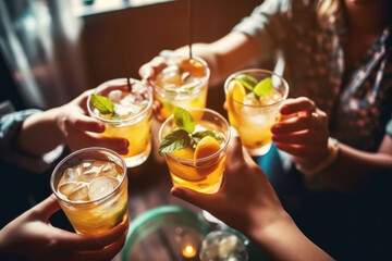 Close up of friends group cheering mojito drinks at bar restaurant.