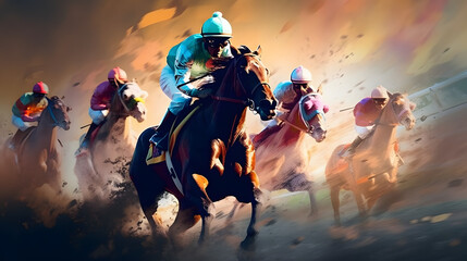 Fototapeta na wymiar Horse race. Galloping stallions with abstract color background. Equestrian jockey on horseback.