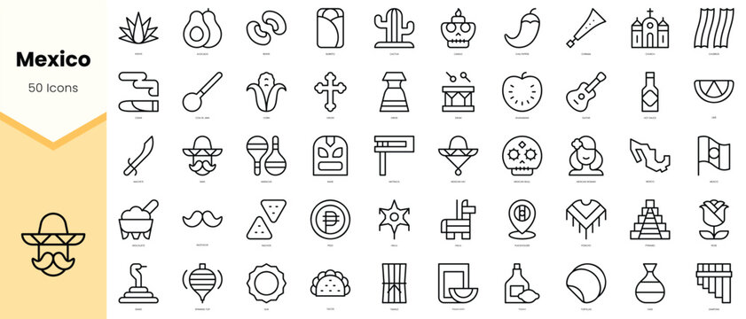Set of mexico Icons. Simple line art style icons pack. Vector illustration