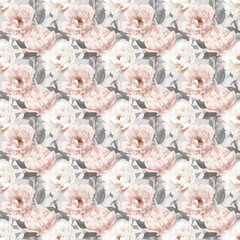 Pink and White flowers Peonies, Seamless pattern, Generative, AI