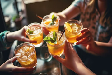 Close up of friends group cheering mojito drinks at bar restaurant.