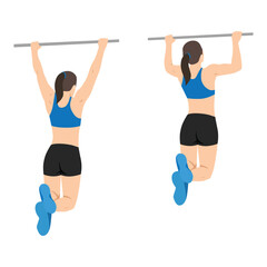 Fototapeta na wymiar Woman doing Pull up exercise. Flat vector illustration isolated on white background