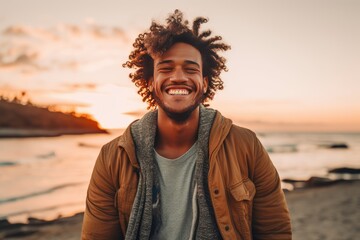 Junger Mann am Strand bei Sonnenuntergang mit betontem Gesichtsausdruck, lichter Atmosphäre und strahlendem Lächeln, Generative AI