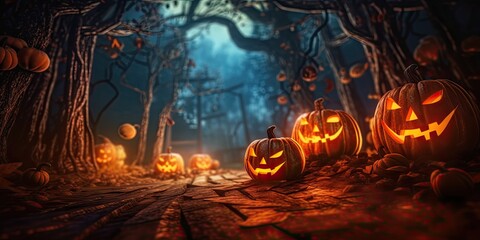 Scary pumpkin faces in the night. Spooky Halloween smiling Jack-o-Lanterns on a dark background Generative AI illustrations