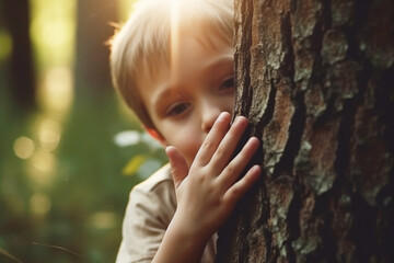 Cute litle boy touching a tree in a forest