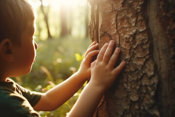 Cute litle boy touching a tree in a forest