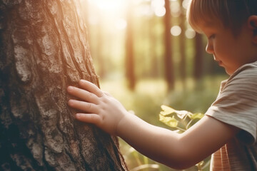 Cute litle boy touching a tree in a forest