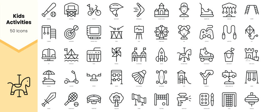 Set of kids activities Icons. Simple line art style icons pack. Vector illustration