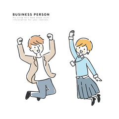 ジャンプするビジネスマンとビジネスウーマン