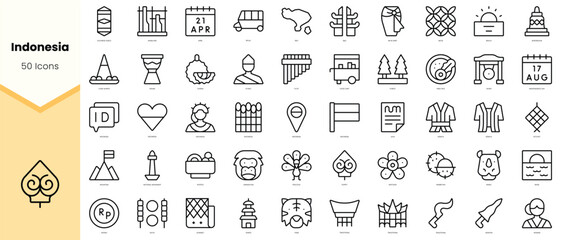 Fototapeta na wymiar Set of indonesia Icons. Simple line art style icons pack. Vector illustration