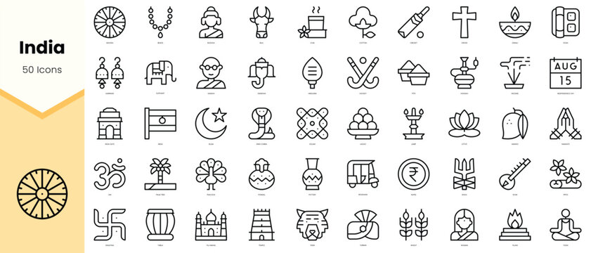 Set of india Icons. Simple line art style icons pack. Vector illustration